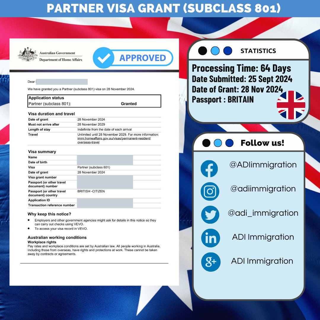 adi_immigration's tweet image. 🎉 Permanent Visa Approved! 🎉  

#PermanentResidency #Subclass801 #VisaGranted #BritainToAustralia #ADIImmigration #DreamsRealized #VisaJourney #NewBeginnings #TeamADI #AustraliaVisa #YourDreamOurMission #ImmigrationExperts #VisaSuccess #NextChapter #AustraliaAwaits