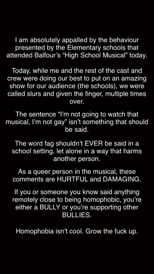 My son shared this. I'm both furious and heartbroken that young performers  were exposed to racist and homophobic remarks from an audience of <a href="/RegPublicSchool/">Regina Public Schools</a> kids while attending a performance at <a href="/BalfourColl/">Balfour Collegiate</a> this morning. #yqr parents - DO. BETTER.