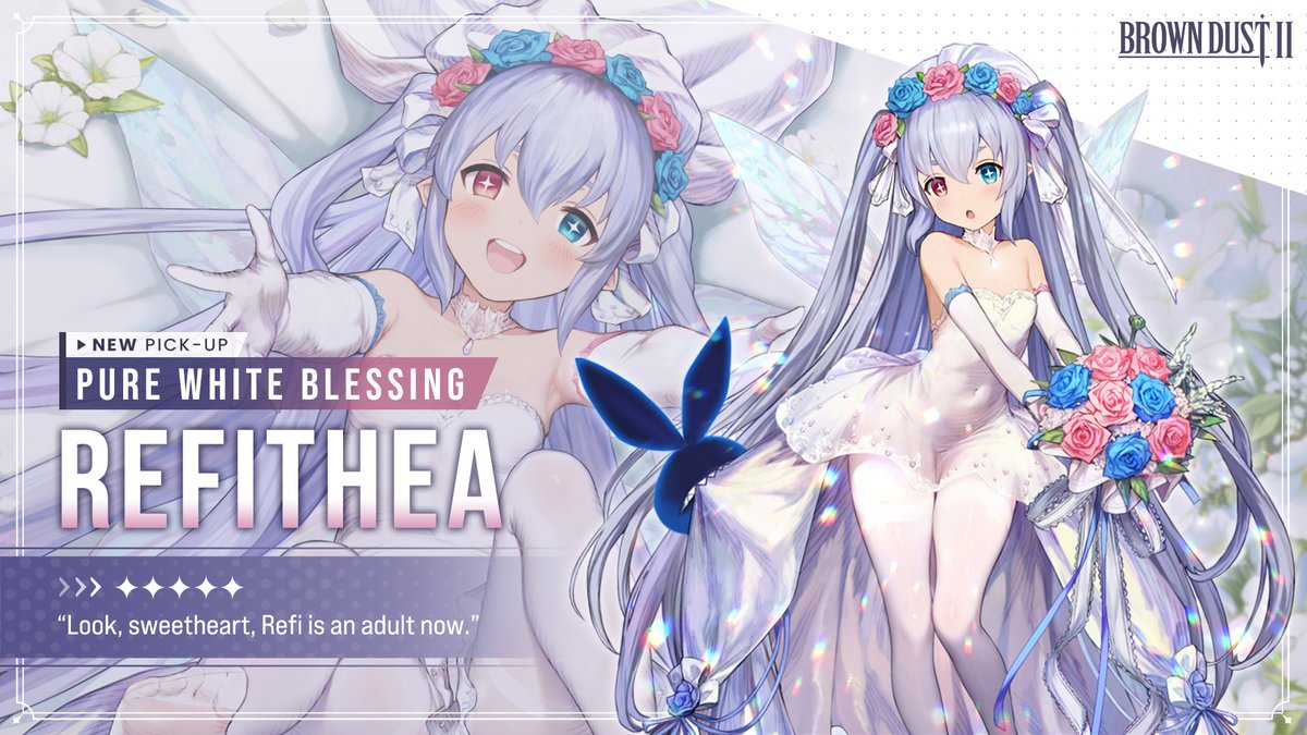 BROWNDUST2_EN's tweet photo. 📢New Pickup - Pure White Blessing Refithea
Pure White Blessing👰 Refithea Appears!✨
"Look, sweetheart, Refi is an adult now."
📅 Pickup rate UP until December 12!
Thank you.
#BrownDust2 #BD2 #New #Pickup #PureWhiteBlessing #Refithea https://t.co/LkKcyHYrae
