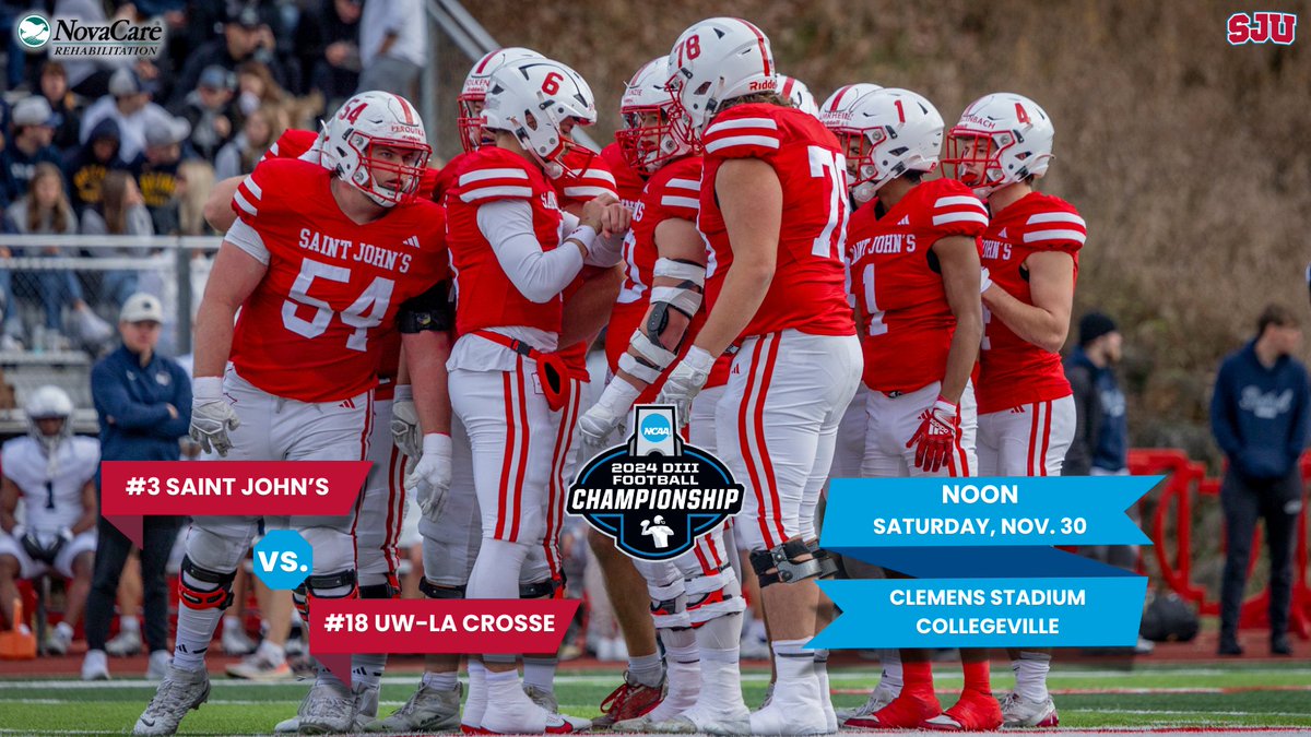 SJUJohnnies's tweet photo. No. 3 @SJUFootball hosts No. 18 UW-La Crosse in the 2nd round of the @NCAADIII Playoffs at noon this Saturday in Collegeville!

LIVE COVERAGE/INFO/TICKETS: https://t.co/PftHTmWfUE

VIDEO BROADCAST IS ON ESPN+ ONLY: https://t.co/WKaYDHojl6

#GoJohnnies #d3fb https://t.co/myxG4HX695