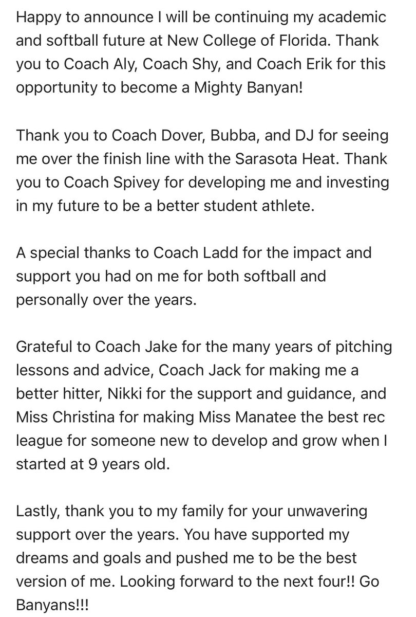 Sophia Mandarine 2025 (@mandarinesophia) on Twitter photo Here’s to the next four! Happy to share that I’ve committed to continue my academic and softball future at New College of Florida! <a href="/Coach_Aly_Bz/">Aly Bermudez</a> <a href="/Shy_Blake/">Shy Nunez</a> <a href="/LembergErik/">Erik Lemberg</a> <a href="/ncfbanyanssb/">NCF Softball</a> <a href="/espivey02/">espivey02</a> <a href="/SarasotaHeat18U/">Sarasota Heat Dover</a> <a href="/coachdjbennett/">DJ Bennett</a> <a href="/bowey23/">Nikki Bowey</a> <a href="/LaddDeena/">Deena Ladd</a> <a href="/941DiamondAcade/">941 Diamond Academy - Sarasota, FL</a> Here’s to the next four! Happy to share that I’ve committed to continue my academic and softball future at New College of Florida! <a href="/Coach_Aly_Bz/">Aly Bermudez</a> <a href="/Shy_Blake/">Shy Nunez</a> <a href="/LembergErik/">Erik Lemberg</a> <a href="/ncfbanyanssb/">NCF Softball</a> <a href="/espivey02/">espivey02</a> <a href="/SarasotaHeat18U/">Sarasota Heat Dover</a> <a href="/coachdjbennett/">DJ Bennett</a> <a href="/bowey23/">Nikki Bowey</a> <a href="/LaddDeena/">Deena Ladd</a> <a href="/941DiamondAcade/">941 Diamond Academy - Sarasota, FL</a>