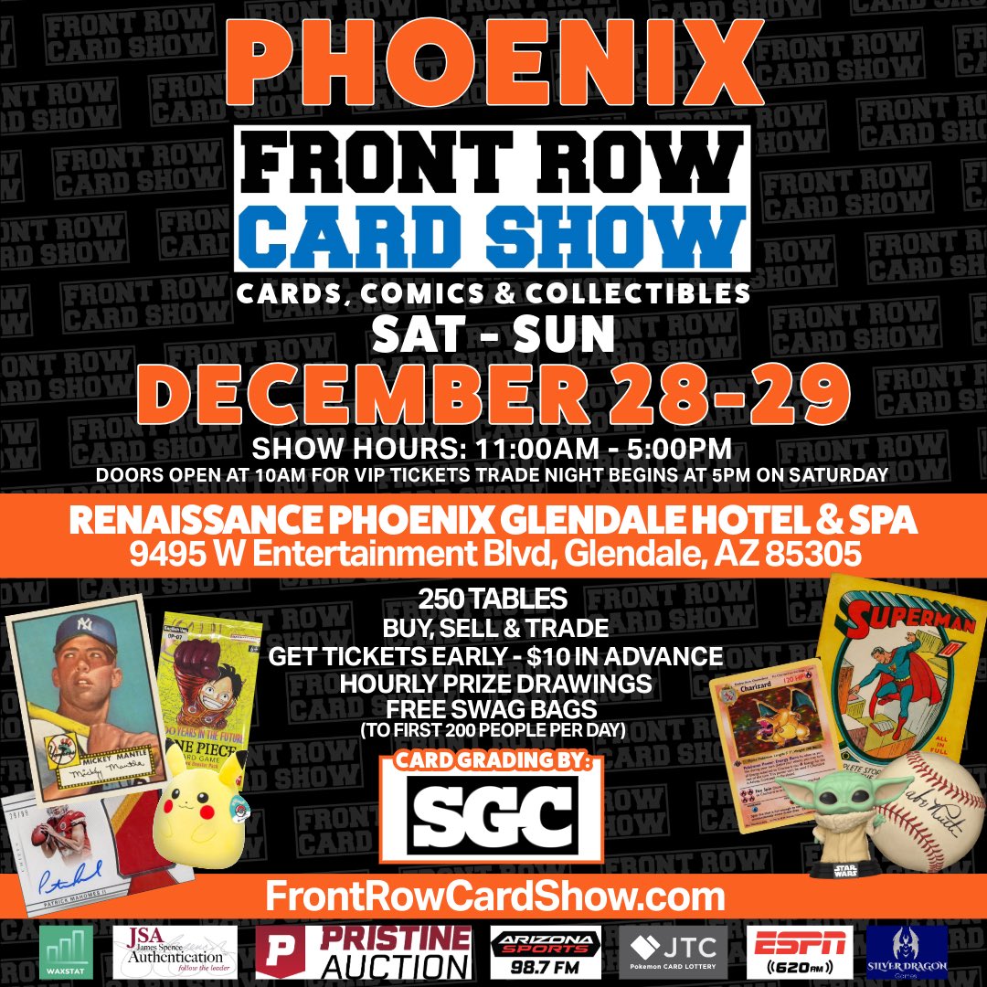 PHOENIX SHOW DEC 28-29 #frontrowcardshow #phoenix #glendaleaz #cardshow #thehobby <a href="/sgcgrading/">SGC</a> <a href="/sgcgradingtcg/">SGCGradingTCG</a> @jsaloa @waxstatofficial @pristineauction @silverdragongames