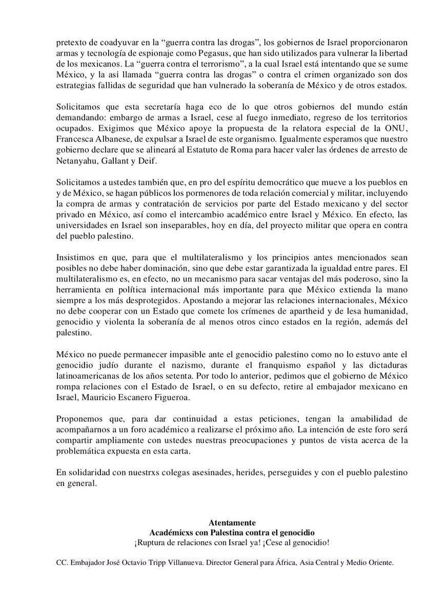 Académicxs con Palestina 🍉 (@academpalestina) on Twitter photo Difundimos la carta que entregamos hoy en la Secretaría de Relaciones Exteriores <a href="/SRE_mx/">Relaciones Exteriores</a> Seguimos insistiendo en la necesidad de romper relaciones con el Estado de Israel en protesta por su política genocida y colonialista hacía el pueblo Palestino.
#StopGenocide #PalestinaLibre Difundimos la carta que entregamos hoy en la Secretaría de Relaciones Exteriores <a href="/SRE_mx/">Relaciones Exteriores</a> Seguimos insistiendo en la necesidad de romper relaciones con el Estado de Israel en protesta por su política genocida y colonialista hacía el pueblo Palestino.
#StopGenocide #PalestinaLibre