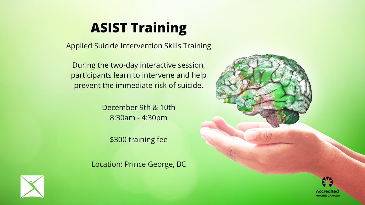 Applied Suicide Intervention Skills Training (ASIST) classes are now open!

December 9th &amp; 10th 
8:30am - 4:30pm 
Training Fee: $300 
Location: PG 

If you want to register or have any questions about the training please email us at shirleyhogan@cmhanorthernbc.ca

#ASIST #CMHANBC
