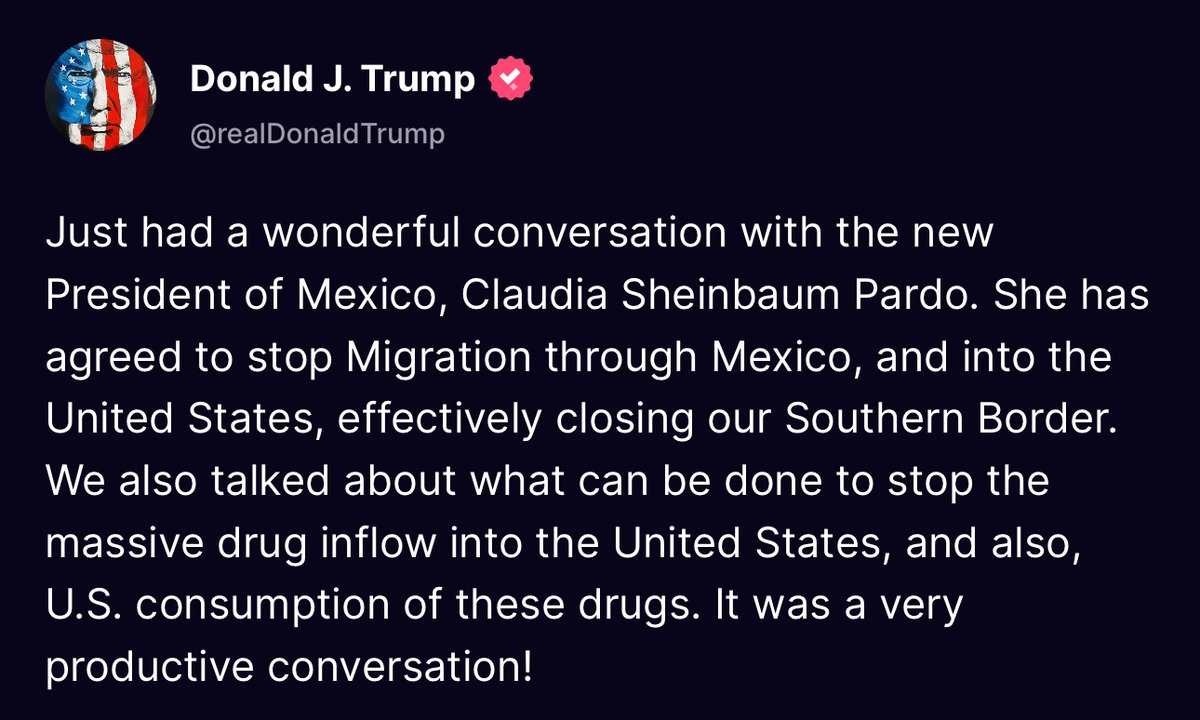 CollinRugg's tweet photo. BREAKING: Trump says Mexican president Claudia Sheinbaum has agreed to close the Southern Border by stopping migrant caravans after he threatened her with 25% tariffs.

Sheinbaum also agreed to create a plan for stopping the inflow of drugs into the U.S. https://t.co/LFlPRUx56v