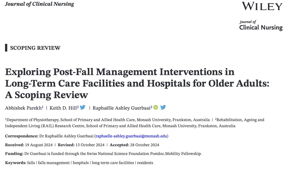 Raphaelle Guerbaai (@raphaelleash) on Twitter photo 🌟Delighted to share that our scoping review on post-fall management interventions for older adults is published in <a href="/jclinnursing/">J Clinical Nursing</a> 🎉 Huge thanks to <a href="/Keith_Hill_RAIL/">Keith Hill</a> and Abhishek Parekh for their invaluable collaboration! 🙏 onlinelibrary.wiley.com/doi/epdf/10.11… 🧵 🌟Delighted to share that our scoping review on post-fall management interventions for older adults is published in <a href="/jclinnursing/">J Clinical Nursing</a> 🎉 Huge thanks to <a href="/Keith_Hill_RAIL/">Keith Hill</a> and Abhishek Parekh for their invaluable collaboration! 🙏 onlinelibrary.wiley.com/doi/epdf/10.11… 🧵