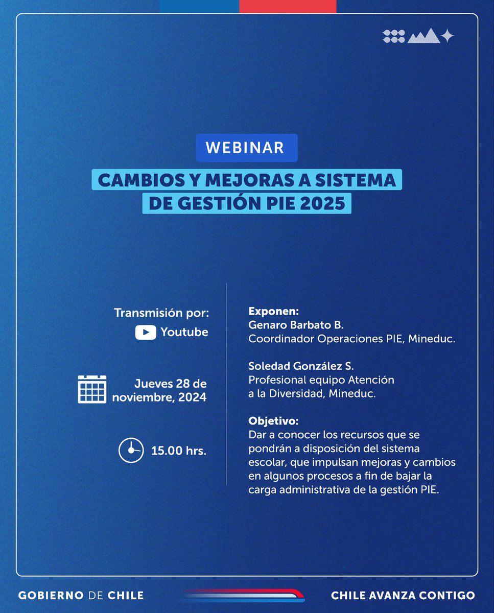 Invitamos a equipos directivos y profesionales PIE a participar de la siguiente conferencia, donde se darán a conocer novedades sobre la gestión PIE en 2025.  
Conéctate al canal de YouTube de Mineduc youtube.com/@mineducchile