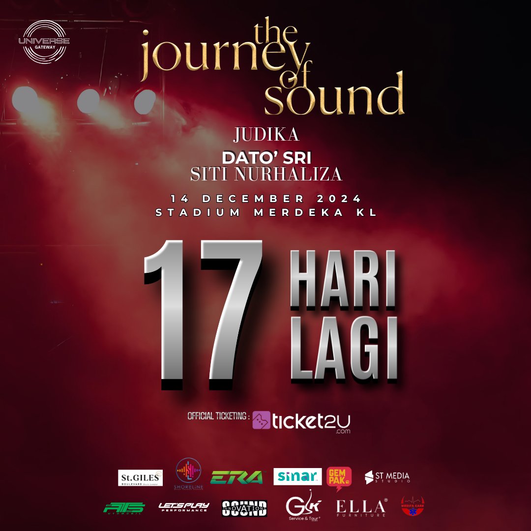 17 hari lagi guys! korang dah beli tiket Konsert The Journey Of Sound? Kalau belum korang kena cepat-cepat dapatkan tiket di ticket2u.com, tiket dah tak banyak yang tinggal! Dan jangan lupa guys dress code untuk konsert (white &amp; denim) dan bagi yang belum ade pilihan