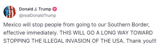 EricLDaugh's tweet image. 🚨 JUST IN: Trump announces "effective immediately," Mexico is stopping all people from going to the U.S. southern border.

WOW. He isn't even president yet! What an accomplishment.