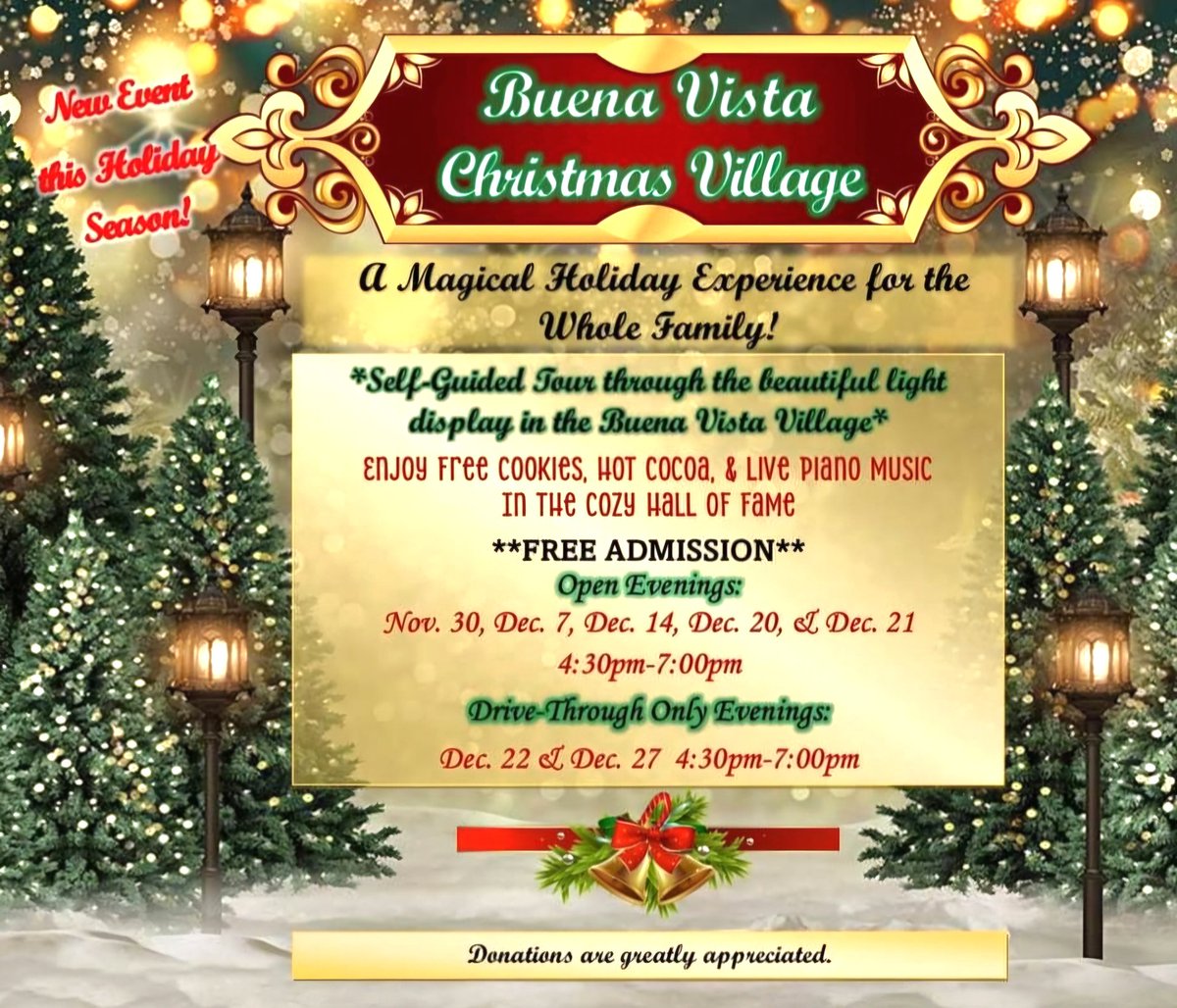 🎄✨ ️NEW this Holiday Season! ✨️🎄

Join us this Saturday for an enchanting light display throughout the Buena Vista Christmas Village! Fun, Free, Family Event! 🎄🎁🎅⛄️❄️

#christmasvillage #lightdisplay
