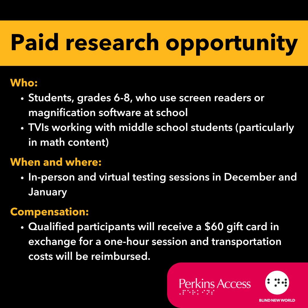 BlindNewWorld's tweet photo. Our friends at @PerkinsAccess have a paid #UserResearch opportunity available for #blind and #VisuallyImpaired students using #ScreenReaders and #TVIs working with middle schoolers in math. 

Want to learn more? Get the details at https://t.co/bAoIJarvY5. 

#BlindNewWorld https://t.co/MUXhwmJCyc