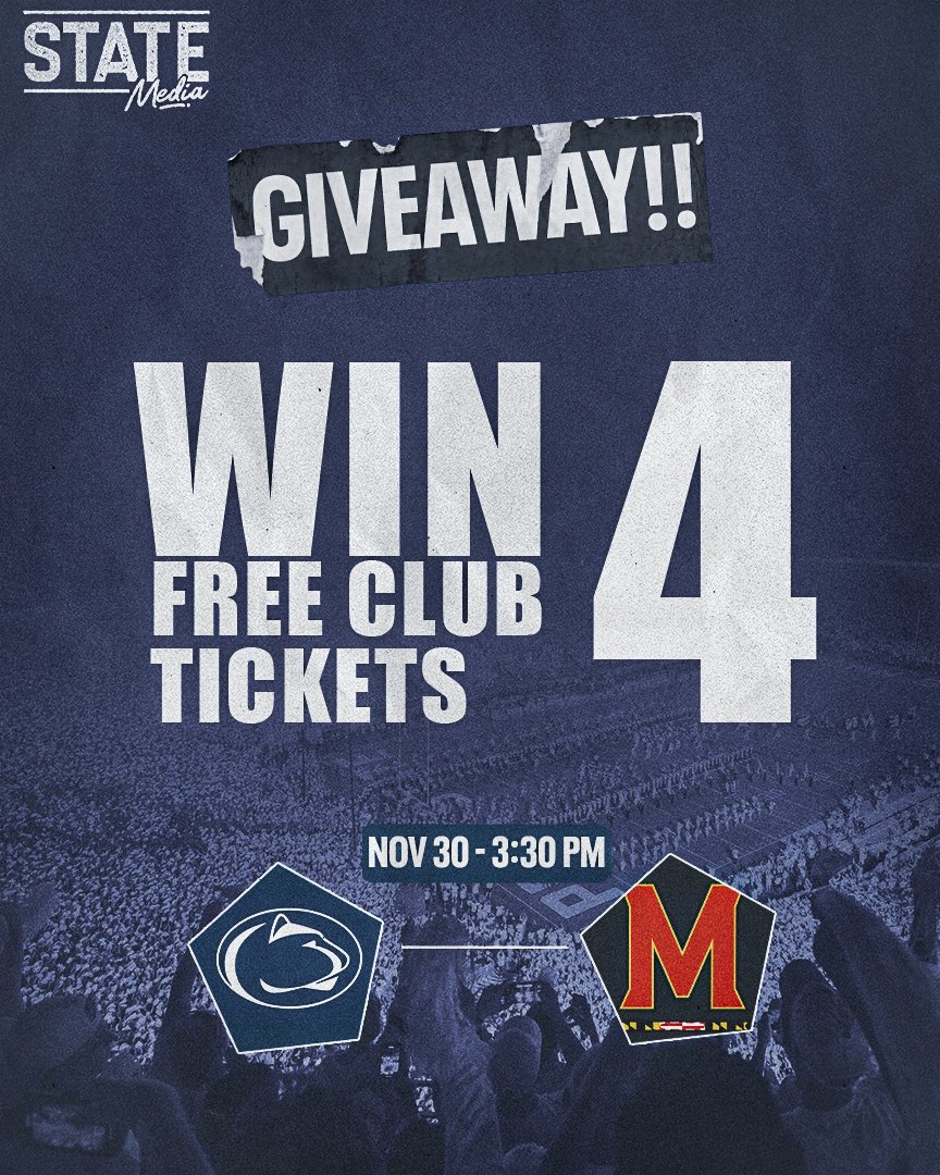 StateMediaPSU's tweet photo. STATE MEDIA IS GIVING AWAY 4 FREE CLUB TICKETS FOR MARYLAND THIS WEEKEND 😱 

How to Enter ⤵️ 

- Follow Us!
- Like/RT
- Tag 3 Friends in the Comments

Winner announced Friday! https://t.co/lBHD1G7jpe