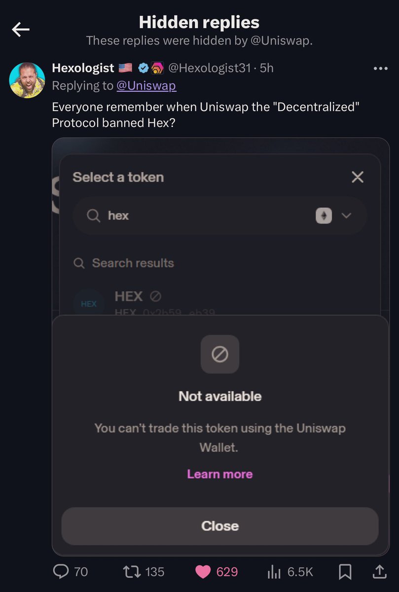 OptimusKevTron1's tweet photo. @Uniswap Since you hid this reply from @Hexologist31 I’ll just post it again. https://t.co/XC1PWHTE9Q