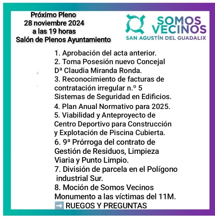 podemossanagust's tweet photo. 🔊HOY HAY PLENO MUNICIPAL 🔊

        Jueves 28 noviembre 2024
                  a las 19 horas
Salón de Plenos del Ayuntamiento 

Por el bienestar de la gestión municipal acude. 
Os esperamos a todos los vecinos y vecinas.

#somosvecinossanagus 💜💚💜 https://t.co/v1zDMLJdMT