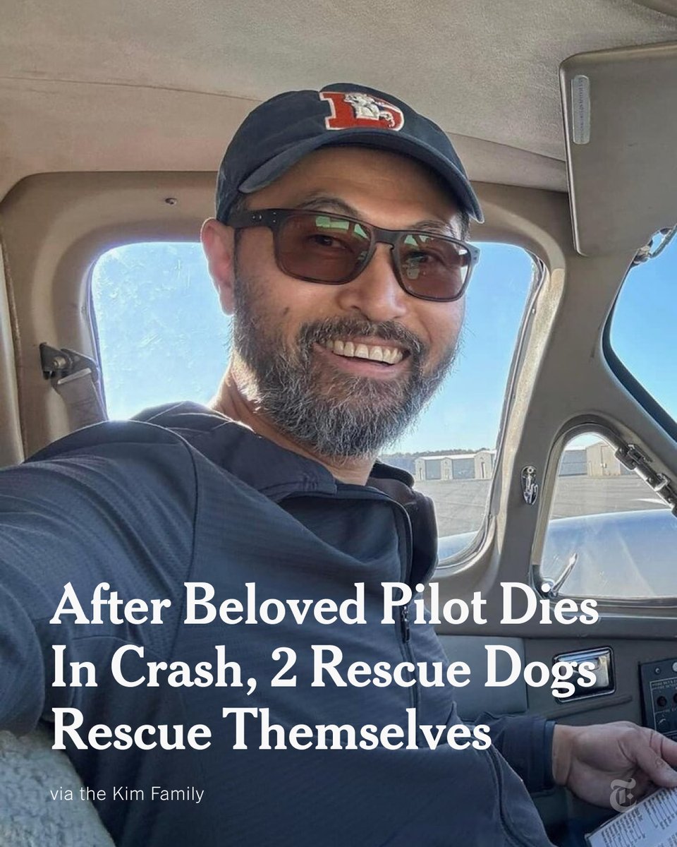 nytimes's tweet photo. Seuk Kim, a pilot on an animal-rescue mission, was transporting three rescue dogs from Maryland to New York when his plane crashed. Two of the dogs managed to survive. Kim, 49, leaves behind his wife and three children. https://t.co/kNO1PKQBYD https://t.co/GMwegW0Da1