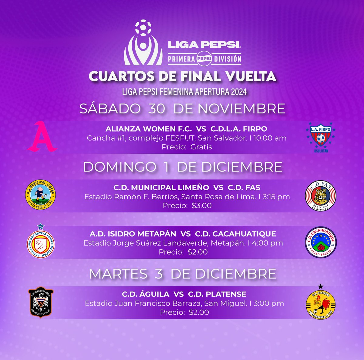 feemfutbool's tweet photo. 📌¡No te pierdas la programación de los cuartos de final! ⚽🔥
@primerafutboles
#FútbolNacional #Cuartosdefinal 
#LigaPepsiFemenina https://t.co/pfEUvBGETH