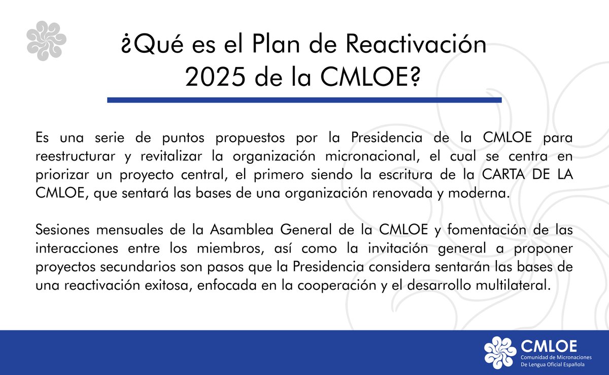 Antes de terminar el año, se ha dado inicio al Plan de Reactivación y Reestructuración 2025, propuesto por la Presidencia y apoyado por miembros de la Asamblea General. Con él se busca renovar la organización y otorgarle un nuevo enfoque. #CMLOE #CMLOE2025