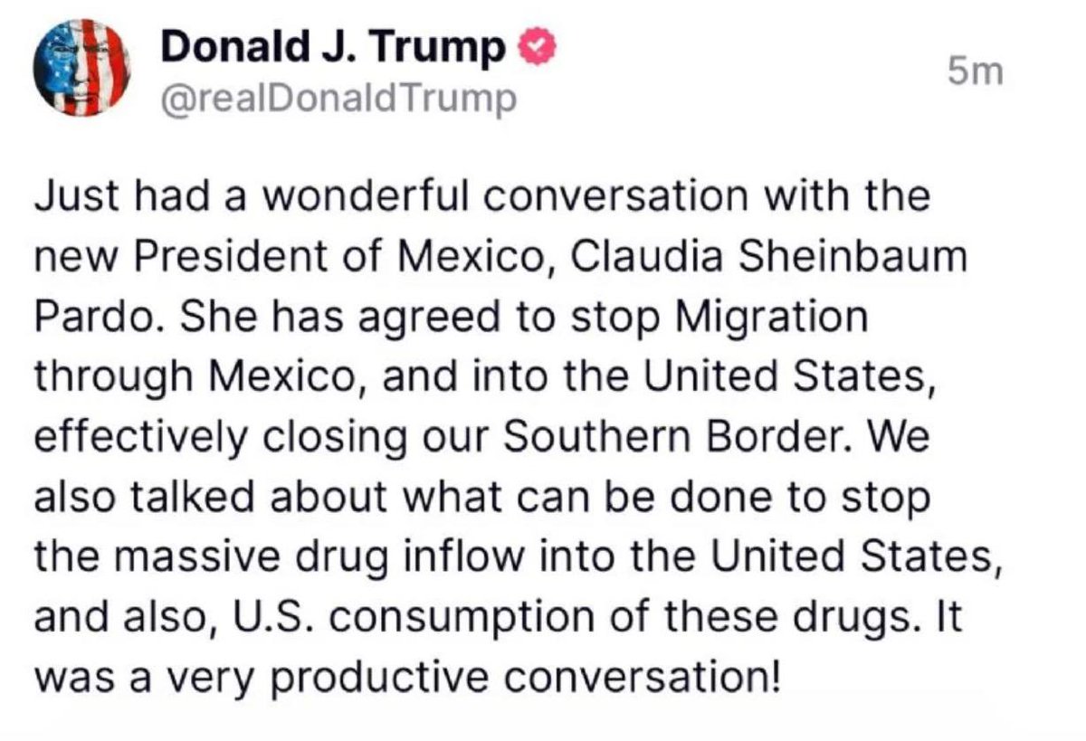 azucenau's tweet photo. #ÚLTIMAHORA | Donald Trump informa que Claudia Sheinbaum ha acordado detener la migración a través de México y #EUA “cerrando efectivamente nuestra frontera sur”, además se abordó el tema del tráfico de drogas https://t.co/G1TwDnTwwn