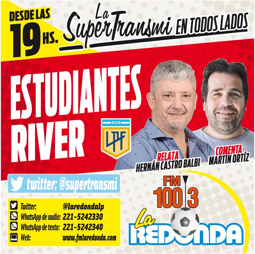LaRedondalp's tweet photo. ¡Acordate!
📌Este viernes juega el #Pincha !
📌Prendete a La #Supertransmi de La Redonda!
#LigaProfesional ⚽️ Fecha 25
📌 #ESTUDIANTES 🆚 #River
🕖 19:00 hs.
📲 +549 221 524-2330
💻 ️ https://t.co/J1sGuNTwrx
📻 100.3 #LaPlata https://t.co/X0GptS7ykY