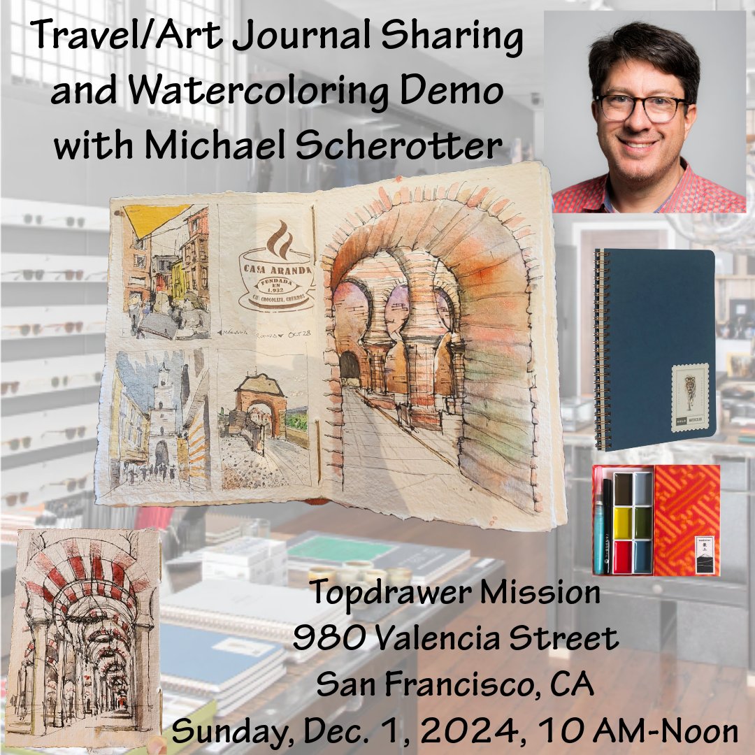 📷 Join me this coming Sunday 12/1 at the Topdrawer shop on Valencia St. in San Francisco, CA where I will be sharing my journal with watercolors and sketches from a recent trip to Spain and demonstrating watercoloring using the Kobako watercolor set and Kolo watercolor book.