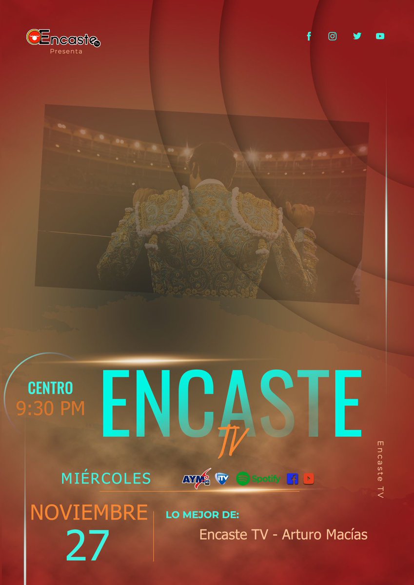 #EncasteTv 🐂🎙️

📆 Hoy 9:30pm. 
➡️ Lo mejor de Encaste Tv: Arturo Macías.
📲 <a href="/ITVDeportes/">InternetvDeportes</a>
📲 Facebook Live, Youtube.
