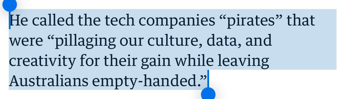 ednewtonrex's tweet photo. A bipartisan special parliamentary inquiry in Australia today said big tech is “pillaging culture, data and creativity” to train AI, and must license and pay for training data.

This is how all governments should respond to this technology.

https://t.co/AyWRpriPyx https://t.co/f5dlPSgbmw