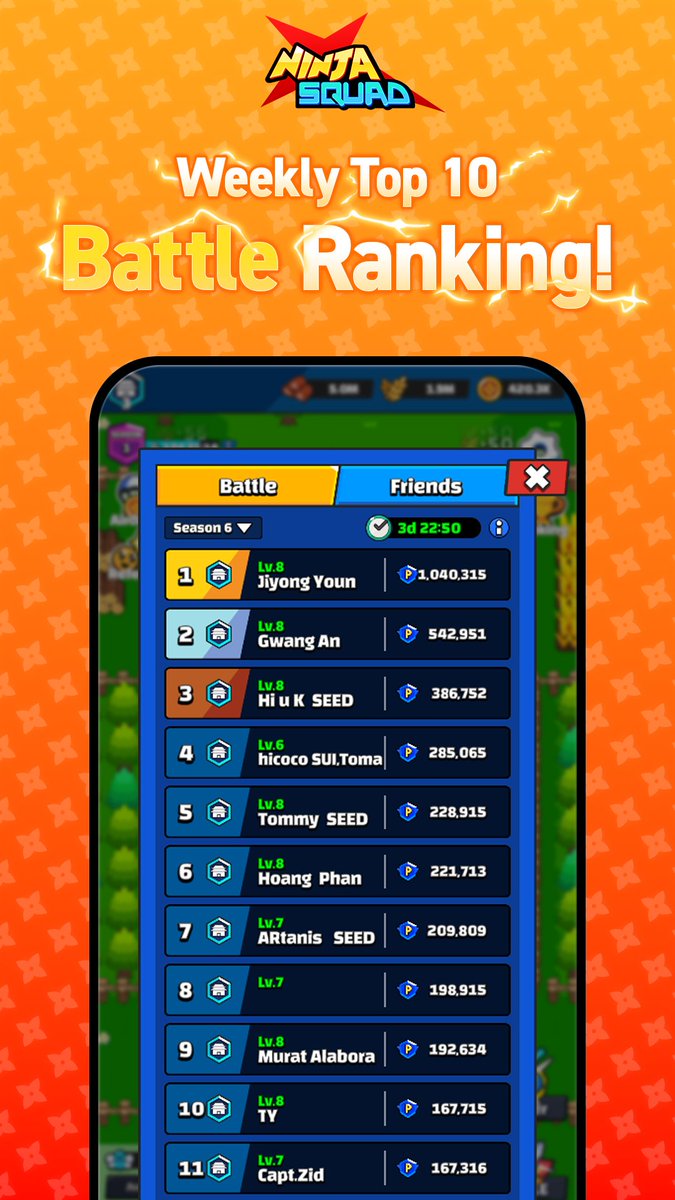 🏆 Who’s in this week’s Top 10 Battle Ranking? 🏆

The battlefield is on fire with huge scores and intense competition! 💥

With the rankings neck and neck, it’s anyone’s game! 😎

Now’s your chance to join the fight and claim your spot on the leaderboard! ⚔️

Play Ninja Squad