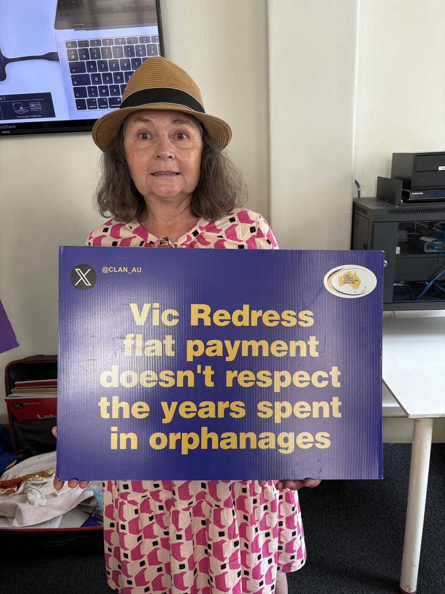 CLAN_AU's tweet image. Thanks Renate Victorian stateward for coming to the AGM 
R works she can’t attend protests she chose this protest sign to be photographed in 

Renate in #Ballarat Orphanage &amp;amp; Lutheran Children’s Home #Kew 

⁦@JacintaAllanMP⁩ 
We deserve Respectful #Redress like SG
#SpringSt