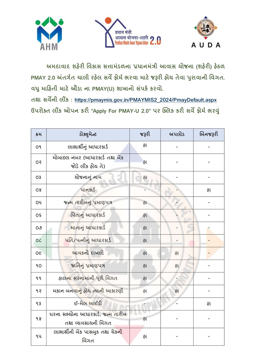 AudaPmay's tweet photo. ઔડાના પ્રધાનમંત્રી આવાસ યોજના (શહેરી) હેઠળ PMAY 2.0 અંતર્ગત ��ાલી રહેલ સર્વે ફોર્મ ભરવા માટે જરૂરી હોય તેવા પુરાવાની વિગત. સર્વેની લીંક : https://t.co/d2yYUDlslo
ઉપરોક્ત લીંક ઓપન કરી “Apply For PMAY-U 2.0” પર ક્લિક કરી સર્વે ફોર્મ ભરવું https://t.co/Iwbi64KOeo