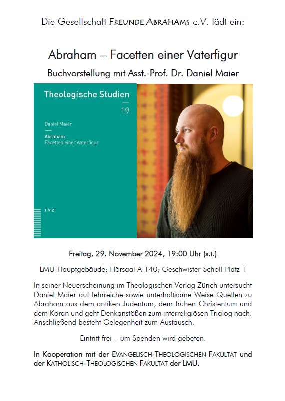 Es ist mir eine besondere Freude, mein neues Buch "Abraham – Facetten einer Vaterfigur" an meiner Alma Mater vorstellen zu dürfen. Morgen Abend möchte ich die Gelegenheit nutzen, die Vielschichtigkeit Abrahams in Judentum, Christentum und Islam zu beleuchten. Herzliche Einladung!