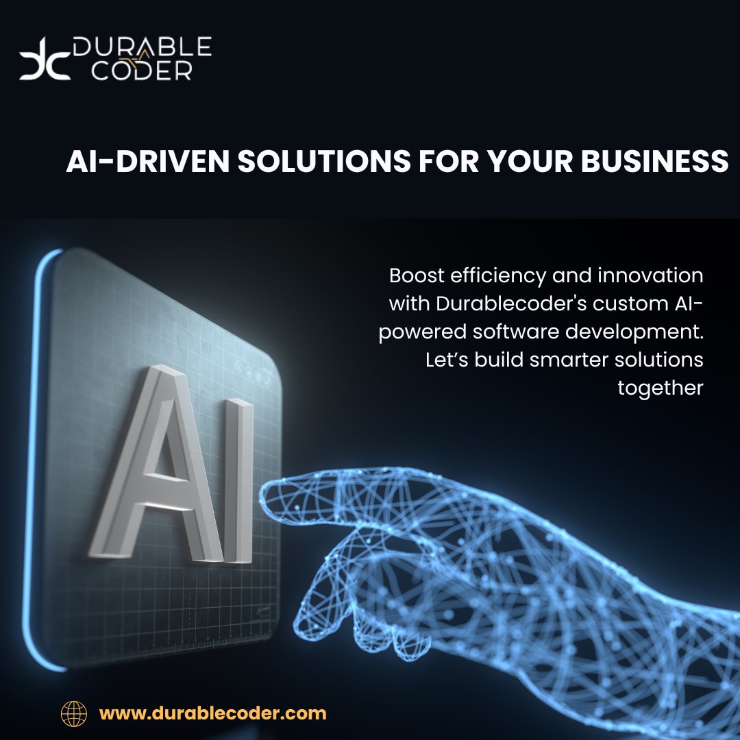 durablecoder's tweet image. We specialize in custom software and app development, AI-powered solutions, web design, and digital marketing to drive growth and innovation for businesses. Let's build the future together! 🚀#Durablecoder #SoftwareDevelopment #AI #Innovation