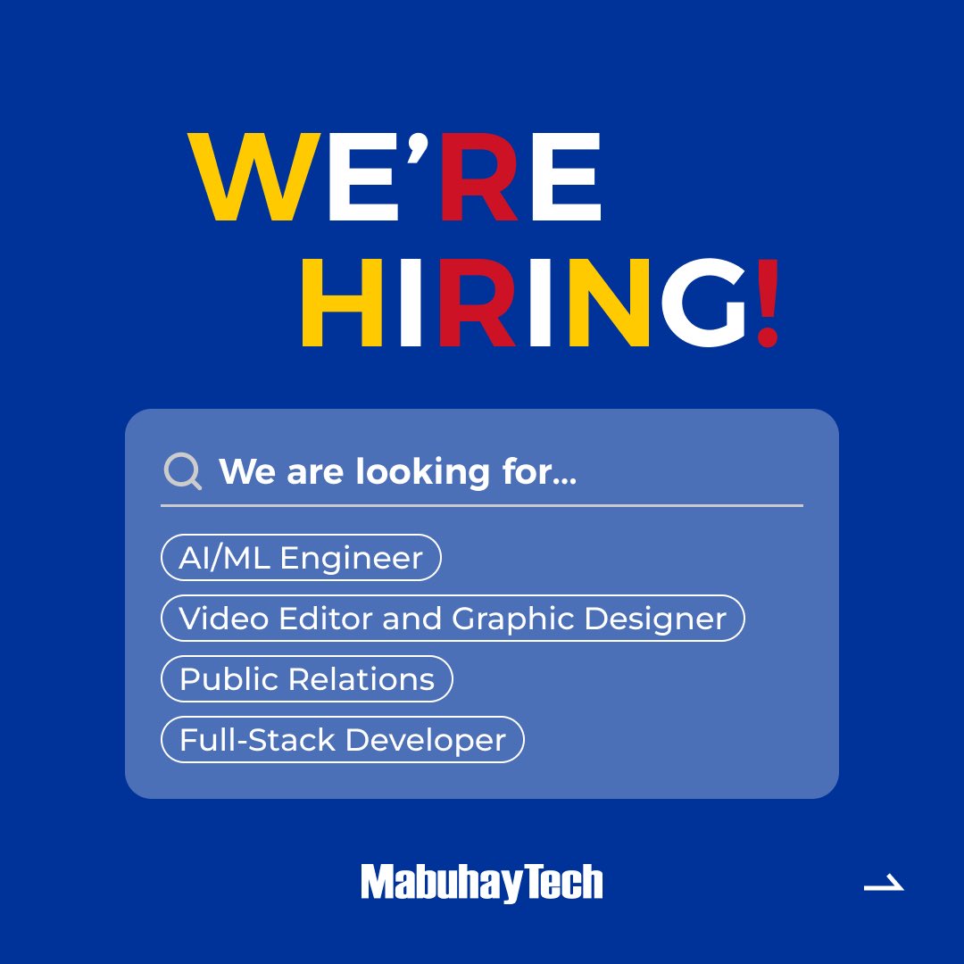 MabuhayTech's tweet photo. WE’RE HIRING!

We are looking for...

☑︎AI\ML Engineer
☑︎Video Editor and Graphic Designer
☑︎Public Relations
☑︎Full Stack Develorer

We engineer the bright future.

#engineer #technology #aicompany #mabuhaytech #manilaengineers https://t.co/jzjOIaWPJ6
