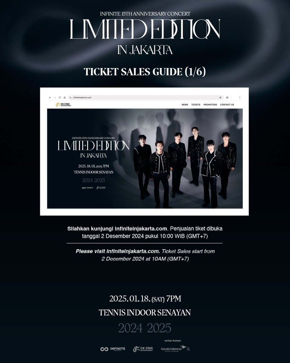 ckstarid's tweet photo. [1/3] Hey there, lovely Inspirit! 
Got questions about ticket purchases? Let's check out our guide and FAQs for all the details. Make sure you've got everything covered before hitting that buy button.

𝐈𝐍𝐅𝐈𝐍𝐈𝐓𝐄 𝟏𝟓𝐭𝐡 𝐀𝐍𝐍𝐈𝐕𝐄𝐑𝐒𝐀𝐑𝐘 𝐂𝐎𝐍𝐂𝐄𝐑𝐓 : 𝐋𝐈𝐌𝐈𝐓𝐄𝐃 𝐄𝐃𝐈𝐓𝐈𝐎𝐍 𝐈𝐍 𝐉𝐀𝐊𝐀𝐑𝐓𝐀
📆 18 January 2025 (Sat)
⏰7:00 PM (19:00 WIB - JKT Time)
📍 Tennis Indoor Senayan

Tickets will be available start from 2 December 2024 at 10:00 AM (10:00 WIB - Jakarta Time) 
🎫 Via https://t.co/dyh5XsTnT3

[𝐓𝐀𝐊𝐄 𝐍𝐎𝐓𝐄]

Please do not share or disseminate the barcode or barcode number found on the E-Voucher (including through photos/emails or any other methods). The barcode will be required to be exchanged for a wristband that MUST be used during the event.

The organizer reserves the right to refuse entry to any individuals for whom the barcode is damaged/misprinted/incomplete or otherwise fails to scan successfully on the day of the event.

❗We would like to caution members not to purchase the tickets from unauthorized or third party sellers because tickets cannot be guaranteed and no refund will be possible from our end

This show is proudly promoted by @ckstarid

#INFINITE #INFINITEinJKT #INFINITE15thANNIVERSARYTOURCONCERT #CKStarEntertainment
