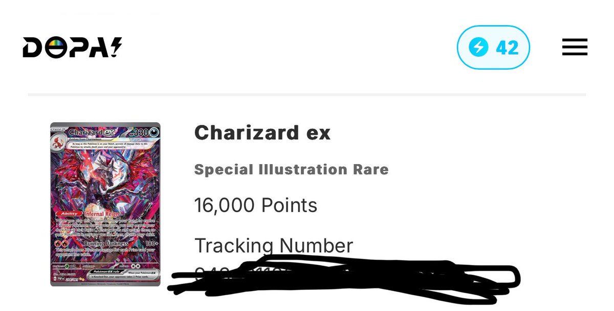 PrazmaMike's tweet photo. Finally got the charizard from paldean fates thanks to @DOPAcard. Card is in great condition and came quick #dopapulls #dopa https://t.co/qPuVddl28j