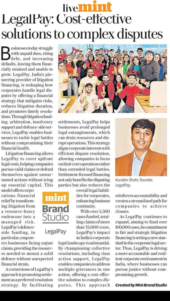 legal_pay's tweet image. We are thrilled to be featured in @livemint  for revolutionizing #litigationfinancing in India! 

With over 5,500 cases funded and ₹3,000+ crores in claims under management, LegalPay is empowering businesses to tackle disputes without financial strain. 💼⚖️