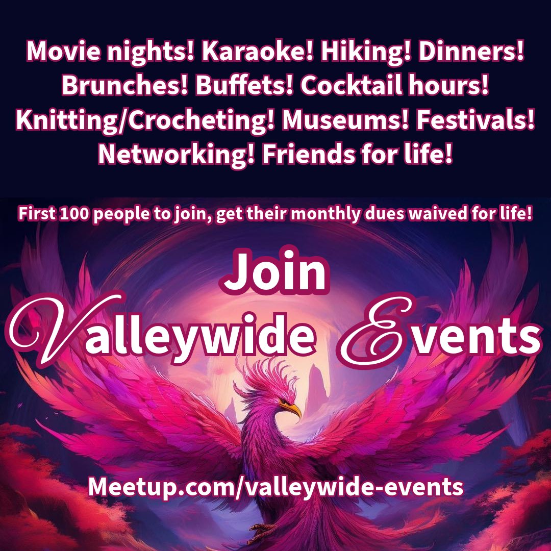 VwideEvents's tweet image. Join the newest social group in the Greater Phoenix area! First 100 people to sign up get free membership! (Regularly $10/mo) Museums, hiking, coffee, karaoke, brunches &amp;amp; dinners, festivals, networking, new best friends, there’s something for everyone!
Meetup.com/Valleywide-Eve…