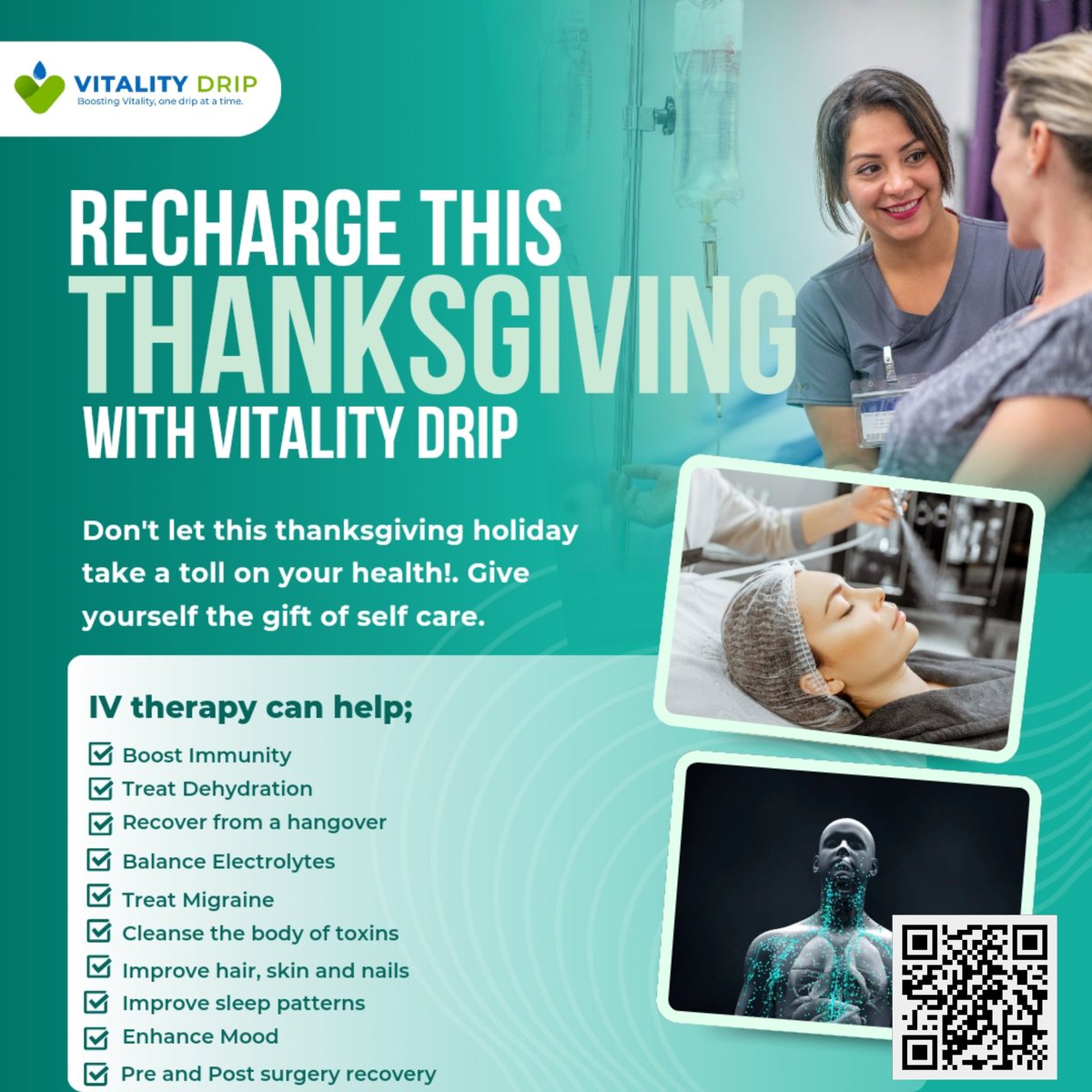 VitalitydripIV's tweet photo. IV therapy has so many amazing benefits, start your IV hydration journey today!
Scan the QR code for more information.
#thanksgiving #ivdrip #immunity #dehydration #cold #flu #mobileiv #selfcare #migraine https://t.co/Gb4On1q0hV