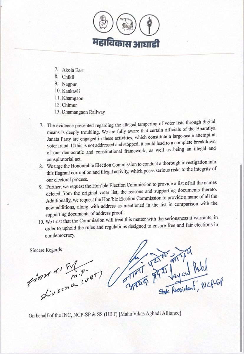 gurdeepsappal's tweet photo. Maharashtra Election Puzzle

Fact One

On October 19, 2024, MVA alliance parties had written to the Election Commission of India that BJP is engaged in massive voter list fraud, which includes deletion of 10,000 votes of MVA supporters in each constituency. 

It was also informed that BJP was adding 10,000 fake voters to hide 10,000 names being deleted by them.

It was suspected that total number of names of MVA supporters deleted from voter list after Laksabha election could be nearly 30 lakhs in the state.

Impact One

The votes of three main parties of MVA decreased by 32.8 lakhs from Loksabha to Vidhansabha elections! Is it a coincidence?

Fact Two

MVA had also informed Election Commission that BJP was also fraudulently adding new names to the list.

Impact Two

In five months after Lok Sabha elections 2024, the number of total voters in Maharashtra increased by 47 lakhs!

While, there was an increase of only 37 lakh voters in Maharashtra in five years from 2019 Loksabha elections to 2024 Loksabha elections.

The votes of three main parties of BJP alliance increased by 67.7 lakhs in assembly elections vis-a-vis Loksabha elections.

Did 47 lakh new voters contribute significantly to the increase of BJP votes?

Fact Three

Transfer of ₹1500 per month to women under Larki Behna Yojna is being talked as a major factor in victory of BJP alliance. Surveys had predicted an impact of 2-3% for Mahayuti.

Impact Three

A 3% increase translates to almost 20 lakh votes out of 640 lakh votes polled in Vidhan sabha elections.

If one removes 47 lakh new voters from Mahayuti’s lead of 67.7 votes, the lead remains 20.7 lakh! Amazing coincidence?

Fact Four

NCP, Ajit Pawar got 58.1 lakh votes and won 41 seats.

NCP, Sharad Pawar got 72.8 lakh votes and won 10 seats!

Interestingly, of the two factions of NCP were contesting against each other in 39 seats, of which Ajit Pawar party won 33!

Is this precise, robotic surgery normally possible?

Fun Facts

The vote lost by Congress and Shiv Sena (UBT) from Loksabha to Vidhan Sabha totals 47.1 lakh. New voters added were 47 lakh!