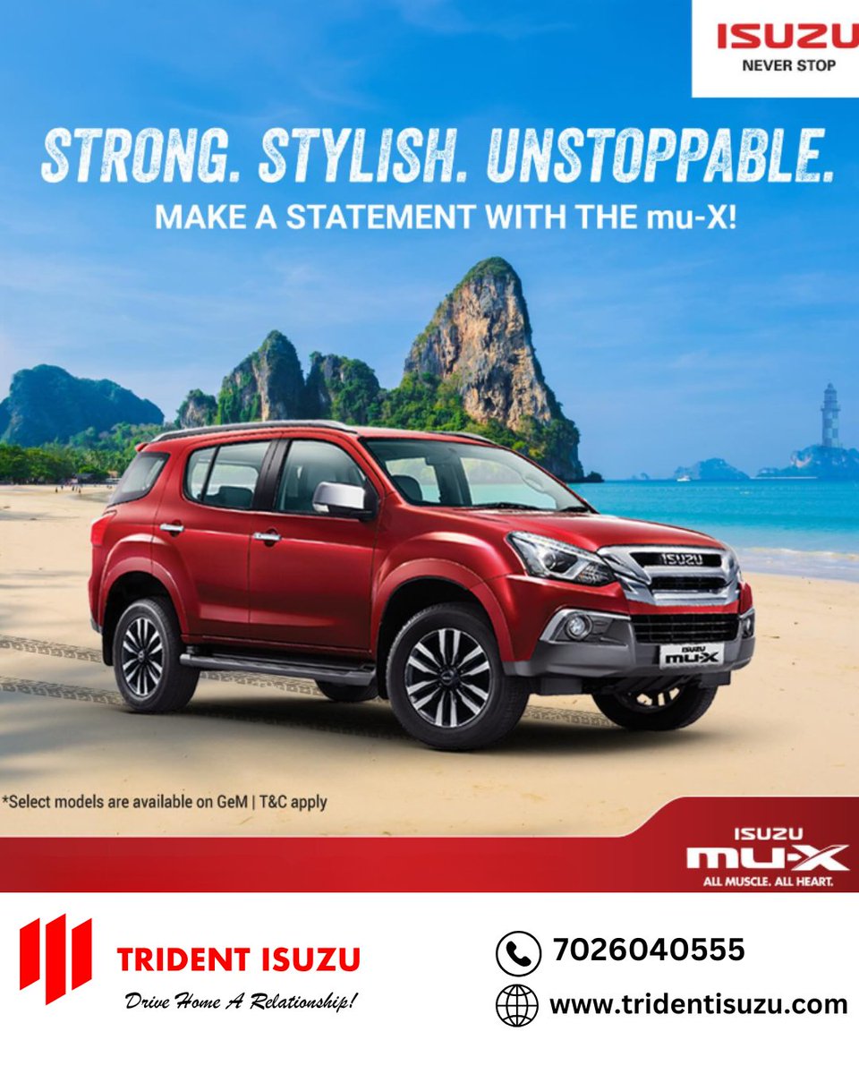 trident_isuzu's tweet image. Style in every detail, power in every mile. 🚗💨 Ready to take on the road with the ISUZU mu-X! 

📲 Call us at +917026040555 to learn more about our offers and schedule your visit. Make this season unforgettable with a brand-ISUZU! 

 #IsuzuMux #DriveWithPower #TridentIsuzu