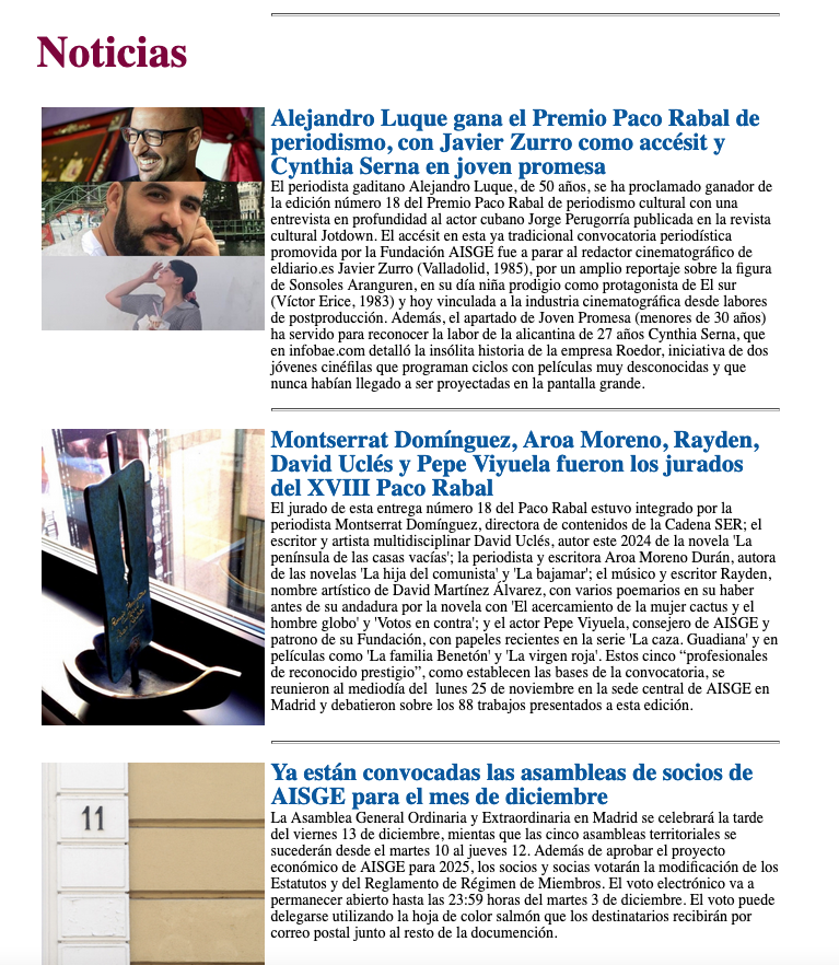aisge's tweet photo. ¿Queréis saber todo lo que hemos hecho esta semana en #AISGE? ¡Porque no hemos parado de hacer cositas! El #BoletínSemanal de cada jueves viene cargadito: #PremioPacoRabal, @xoanforneas, asambleas de socios, homenaje a Lucio Romero en Málaga, #VozEnOn...

https://t.co/d5w0NRIz2E https://t.co/mpiuXWXB5e