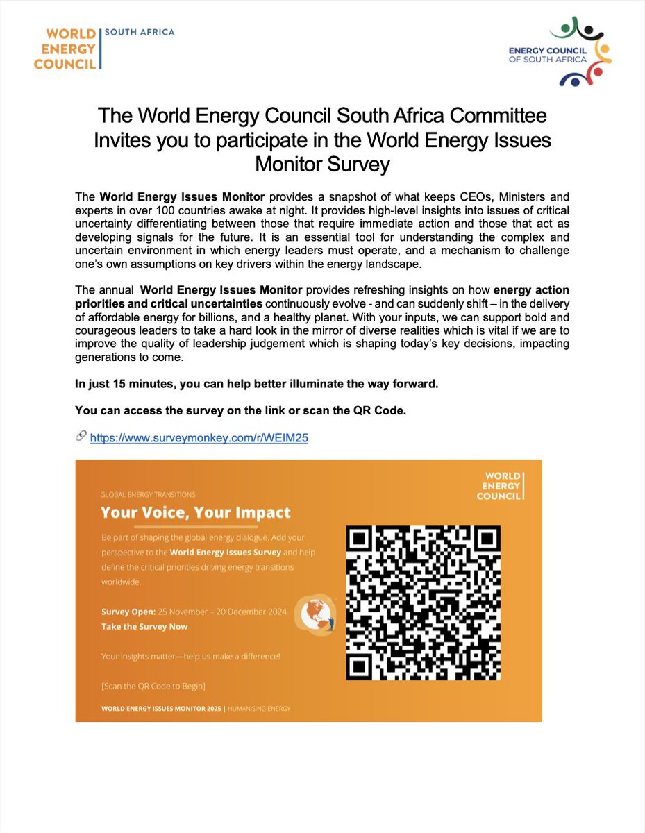 📢P𝗮𝗿𝘁𝗶𝗰𝗶𝗽𝗮𝘁𝗲 𝗶𝗻 𝘁𝗵𝗲 𝗪𝗼𝗿𝗹𝗱 𝗘𝗻𝗲𝗿𝗴𝘆 𝗜𝘀𝘀𝘂𝗲𝘀 𝗠𝗼𝗻𝗶𝘁𝗼𝗿 𝗦𝘂𝗿𝘃𝗲𝘆. 

𝗔𝗰𝗰𝗲𝘀𝘀 𝗯𝘆 𝗰𝗹𝗶𝗰𝗸𝗶𝗻𝗴 𝗼𝗻 𝘁𝗵𝗲 𝗹𝗶𝗻𝗸 𝗼𝗿 𝘀𝗰𝗮𝗻𝗻𝗶𝗻𝗴 𝘁𝗵𝗲 𝗤𝗥 𝗖𝗼𝗱𝗲.
🔗 lnkd.in/eYCQW_ij