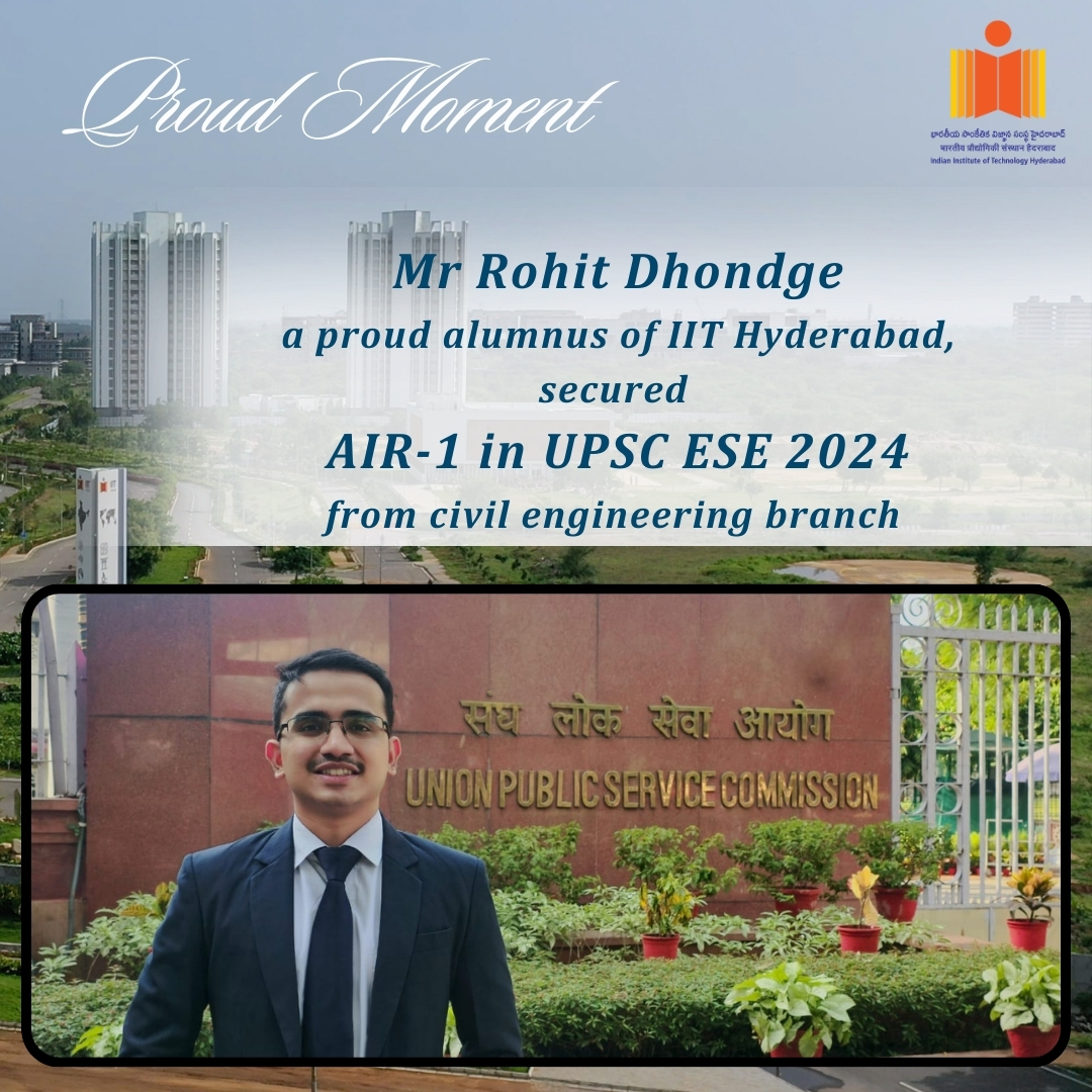 IIT Hyderabad (@iithyderabad) on Twitter photo #MomentofPride
<a href="/IITHyderabad/">IIT Hyderabad</a> congratulates Mr. Rohit Dhondge, an alumnus of IIT Hyderabad, for securing AIR-1 from the civil engineering branch in UPSC ESE 2024.
On behalf of the whole IITH community, we congratulate Mr Rohit.
<a href="/PMOIndia/">PMO India</a> <a href="/EduMinOfIndia/">Ministry of Education</a> #MomentofPride
<a href="/IITHyderabad/">IIT Hyderabad</a> congratulates Mr. Rohit Dhondge, an alumnus of IIT Hyderabad, for securing AIR-1 from the civil engineering branch in UPSC ESE 2024.
On behalf of the whole IITH community, we congratulate Mr Rohit.
<a href="/PMOIndia/">PMO India</a> <a href="/EduMinOfIndia/">Ministry of Education</a>