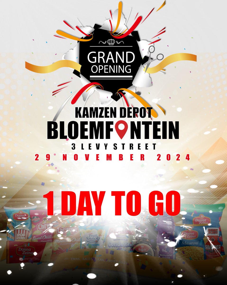 Kamzensa's tweet photo. 🌟 The countdown is almost over! 🌟

📣 1 DAY TO GO!

Get ready for the Grand Opening of Kamzen Depot Bloemfontein! 🎊
📍 3 Levy Street, Bloemfontein
🗓️ 29 November 2024

Don't miss out on a celebration filled with exciting deals and your favorite brands. Be there! 

#KamzenDepot https://t.co/jHJxmFoIgi