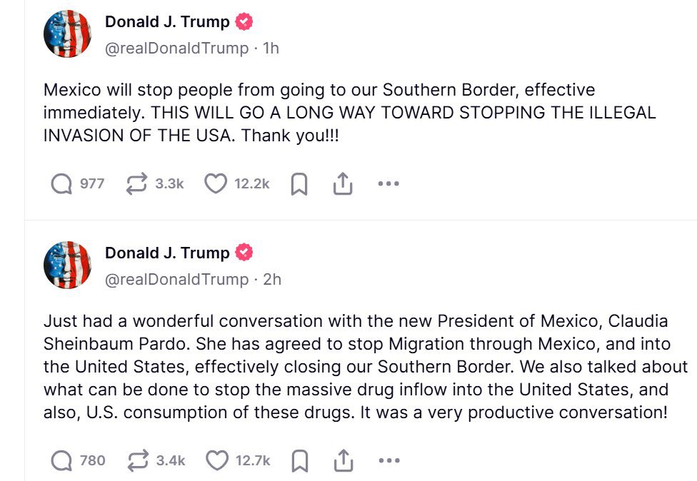 libsoftiktok's tweet photo. Over the past 4 years, under Democrat leadership, millions of illegals traveled via Mexico to cross into our country through our Southern border.

With one phone call Trump just ended that.

This is what a real President looks like! 🇺🇸 https://t.co/91ngmAjg1O