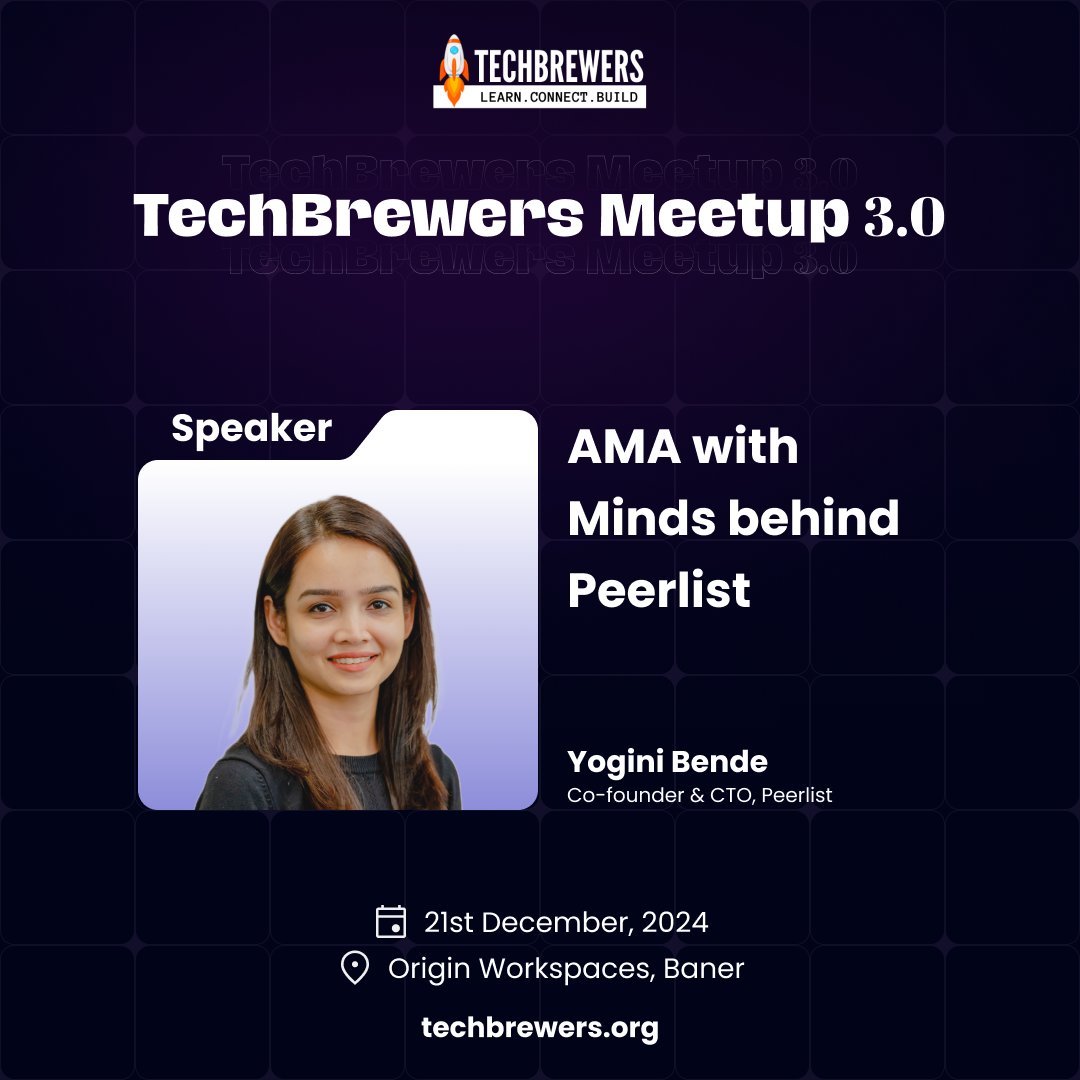 TechThrusters's tweet photo. Weโre thrilled to announce @hey_yogini (Co-founder & CTO, @Peerlist ) as one of the panelists at TechBrewers Meetup 3.0! ๐
Get ready for an engaging AMA with the Minds behind Peerlist!
Register now: https://t.co/9B9Hef2Wd2
#TechBrewersMeetup3 https://t.co/WnJarLrRI3