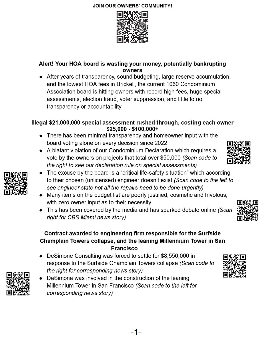 1060brickell's tweet photo. The current board of directors at 1060 Brickell Condominiums is operating and illegitimate operation at the expense of its owners. Attached is a flyer that summarizes ~10% of the violations committed by this board. @MiamiPD @CBSMiami @FrancisSuarez @MiamiDadeCounty #1060brickell https://t.co/peTZ1dD8kD