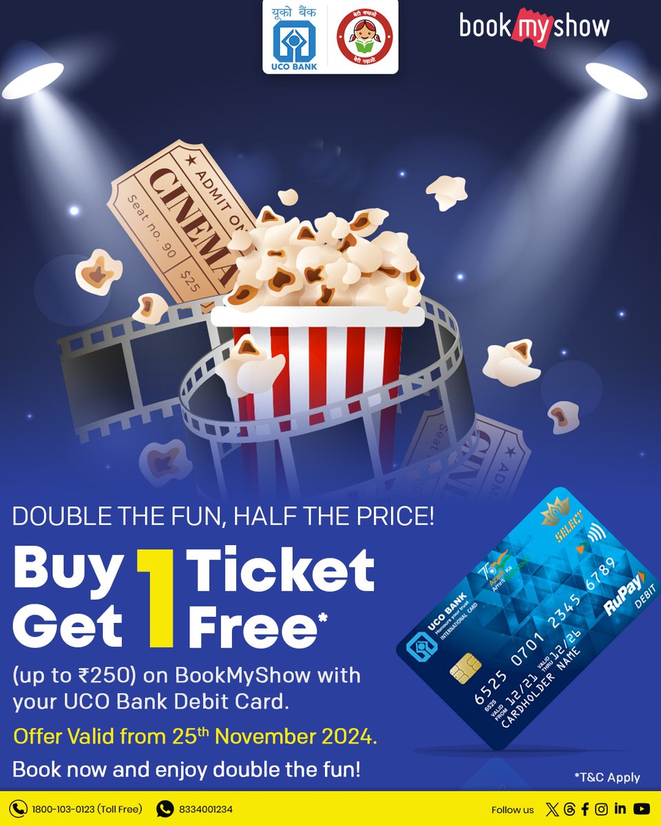 UCOBankOfficial's tweet photo. Double the fun, half the price! Enjoy a Buy 1 Get 1 Free movie ticket offer (up to βΉ250) on BookMyShow with your UCO Bank Debit Card!
Offer valid from 25th November 2024.
#UCODebitCard #MovieTime #BookMyShow #BOGOOffer #UCOBANK https://t.co/lVC4wdNDuh