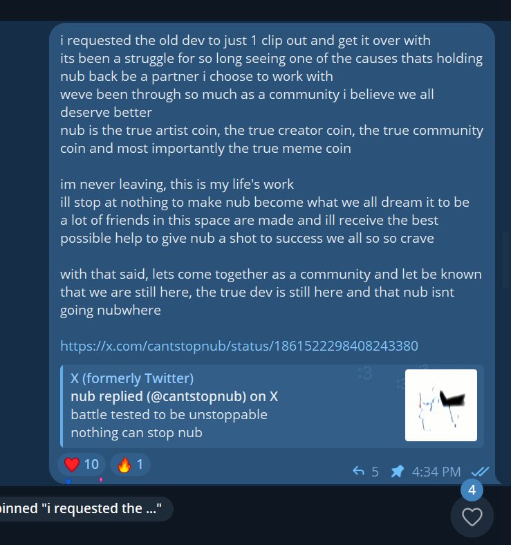 psa:

to my understanding, one of the original team members that helped launch $NUB, whom has been consistently dumping their launch-allocation on the chart daily for months on end (suppressing upward price action), has finally, at the request of <a href="/LeonKers/">Leon Kers</a> (artist, creator, main