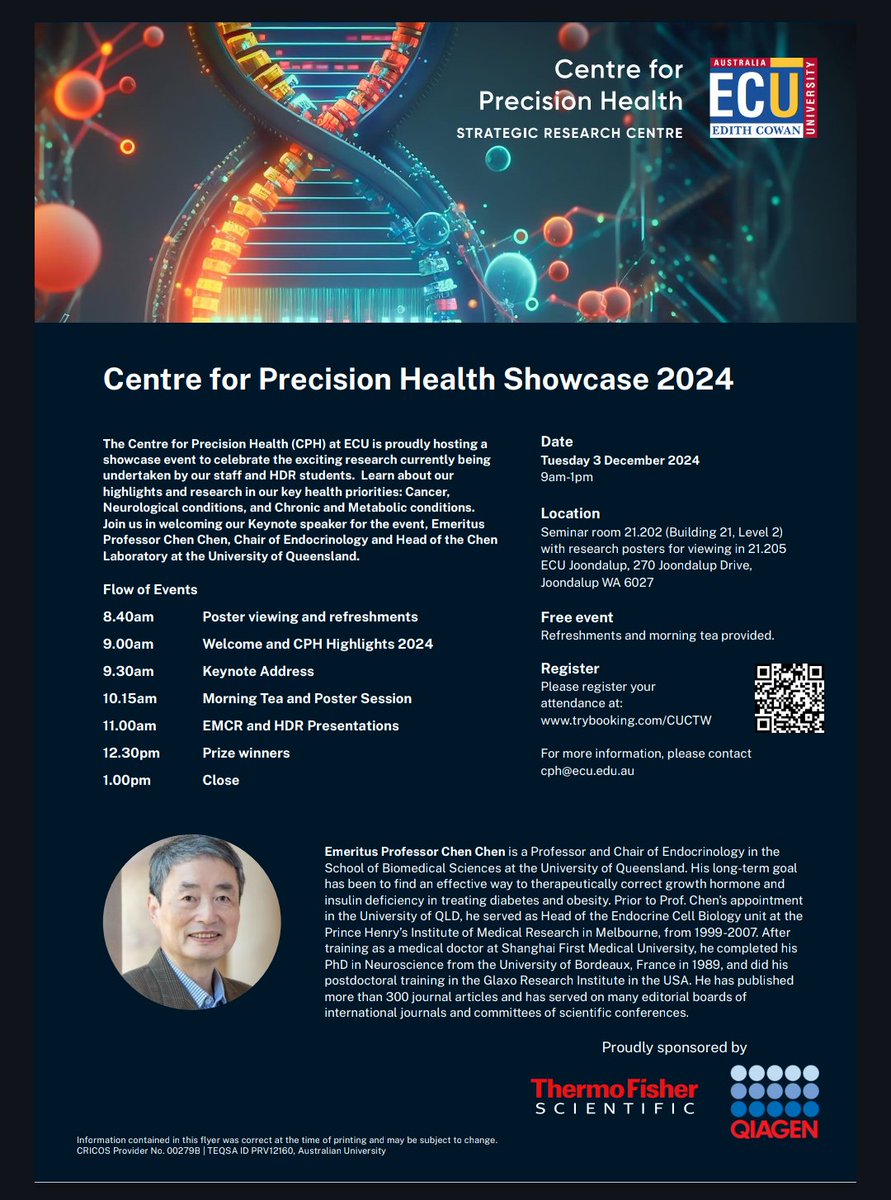 📢📢📢 To anyone at <a href="/EdithCowanUni/">Edith Cowan University (ECU)</a> Edith Cowan University or in Perth, come join us for the 2024 <a href="/CPH_ECU/">Centre for Precision Health</a> Showcase!
Featuring presentations from the neurological conditions, suboptimal health and cancer programs!!
Please see flyer for further information and to register.