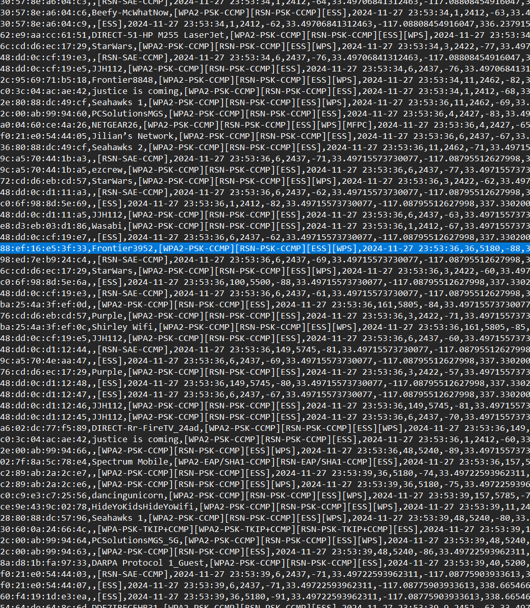 thebaldgeek's tweet photo. Me right now. Hand removing all the 5GHz SSIDs from a small #wardrive CSV file that I did with the Samsung S20 (and the #wifydra ).
MrBill @SecureThisNow gave me the idea how I can compare them apples to apples.
At the start of the #wifydra CSV there is a TON of 0,0 lat,lon SSIDs. Bit of an issue.